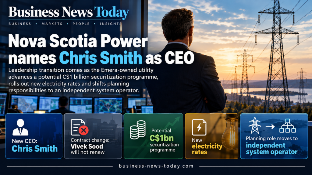 Infographic showing Nova Scotia Power’s appointment of Chris Smith as president and CEO, highlighting Vivek Sood’s departure, a potential C$1 billion securitization programme, new electricity rates and the transfer of grid planning responsibilities to an independent system operator.