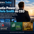 Infographic showing Nova Scotia Power’s appointment of Chris Smith as president and CEO, highlighting Vivek Sood’s departure, a potential C$1 billion securitization programme, new electricity rates and the transfer of grid planning responsibilities to an independent system operator.