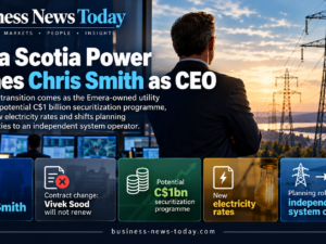 Infographic showing Nova Scotia Power’s appointment of Chris Smith as president and CEO, highlighting Vivek Sood’s departure, a potential C$1 billion securitization programme, new electricity rates and the transfer of grid planning responsibilities to an independent system operator.