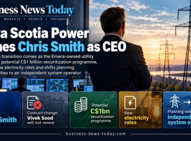 Infographic showing Nova Scotia Power’s appointment of Chris Smith as president and CEO, highlighting Vivek Sood’s departure, a potential C$1 billion securitization programme, new electricity rates and the transfer of grid planning responsibilities to an independent system operator.