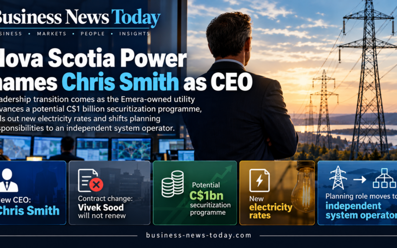 Infographic showing Nova Scotia Power’s appointment of Chris Smith as president and CEO, highlighting Vivek Sood’s departure, a potential C$1 billion securitization programme, new electricity rates and the transfer of grid planning responsibilities to an independent system operator.