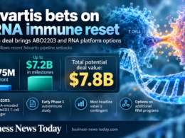 Editorial infographic showing Novartis’s Abogen deal for mRNA therapy ABO2203, highlighting a $575 million upfront payment, up to $7.2 billion in milestone payments, and a total potential deal value of $7.8 billion, with visuals of T cells, B cells, and an RNA strand.