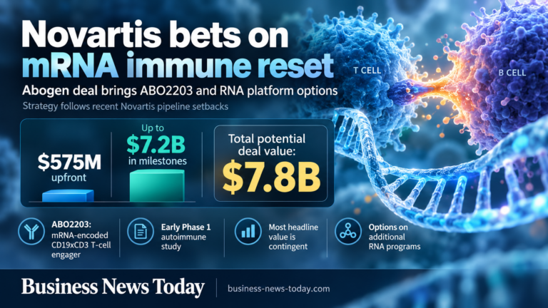 Editorial infographic showing Novartis’s Abogen deal for mRNA therapy ABO2203, highlighting a $575 million upfront payment, up to $7.2 billion in milestone payments, and a total potential deal value of $7.8 billion, with visuals of T cells, B cells, and an RNA strand.