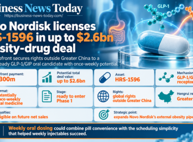 Business News Today infographic showing Novo Nordisk’s licensing deal for HRS-1596, including a $300 million upfront payment, potential total value of up to $2.6 billion, Phase 1-ready status and once-weekly oral GLP-1/GIP dosing potential.