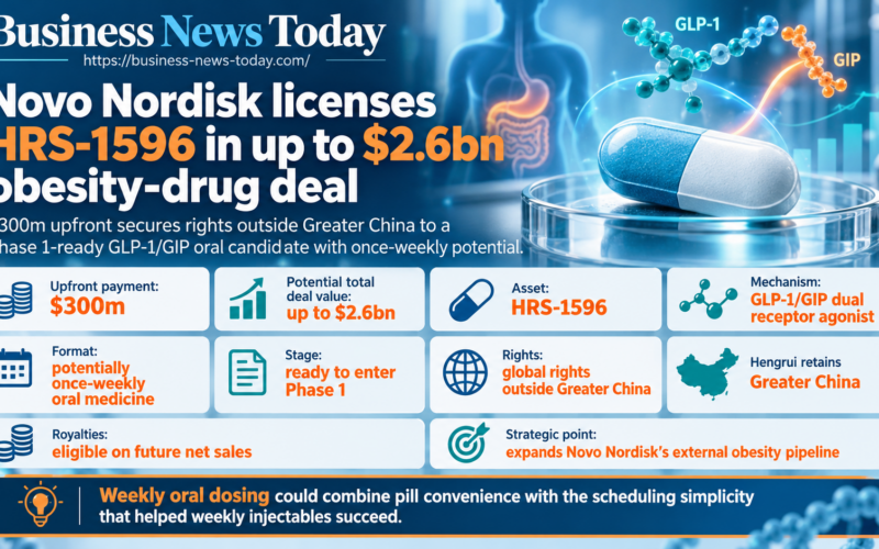 Business News Today infographic showing Novo Nordisk’s licensing deal for HRS-1596, including a $300 million upfront payment, potential total value of up to $2.6 billion, Phase 1-ready status and once-weekly oral GLP-1/GIP dosing potential.