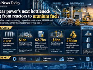 Editorial infographic showing uranium enrichment equipment, fuel-fabrication facilities, fuel rods and nuclear cooling towers, highlighting new enrichment capacity, fuel-factory investment and government support across the nuclear fuel supply chain.