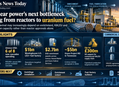 Editorial infographic showing uranium enrichment equipment, fuel-fabrication facilities, fuel rods and nuclear cooling towers, highlighting new enrichment capacity, fuel-factory investment and government support across the nuclear fuel supply chain.