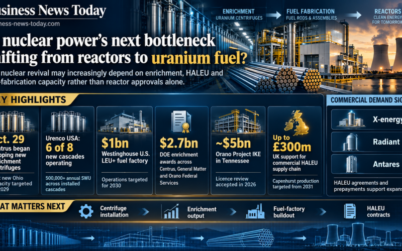 Editorial infographic showing uranium enrichment equipment, fuel-fabrication facilities, fuel rods and nuclear cooling towers, highlighting new enrichment capacity, fuel-factory investment and government support across the nuclear fuel supply chain.