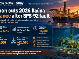 Business News Today infographic showing Karoon Energy Limited’s reduced 2026 Baúna production guidance after an electrical fault at the SPS-92 subsea well in Brazil, highlighting the lower output range, deferred production and higher unit-cost impact.