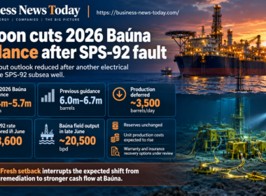 Business News Today infographic showing Karoon Energy Limited’s reduced 2026 Baúna production guidance after an electrical fault at the SPS-92 subsea well in Brazil, highlighting the lower output range, deferred production and higher unit-cost impact.