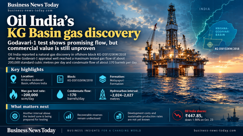 Editorial infographic on Oil India’s Krishna-Godavari Basin gas discovery, showing an offshore drilling platform, a map marking block KG-DSF/GSKW/2018, and key data including a maximum gas test rate of about 200,000 standard cubic metres per day and condensate flow of about 170 barrels per day.