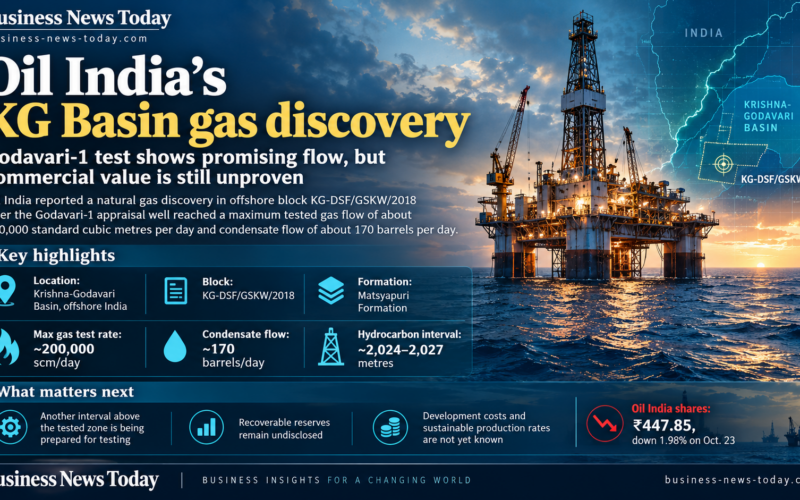 Editorial infographic on Oil India’s Krishna-Godavari Basin gas discovery, showing an offshore drilling platform, a map marking block KG-DSF/GSKW/2018, and key data including a maximum gas test rate of about 200,000 standard cubic metres per day and condensate flow of about 170 barrels per day.