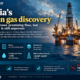 Editorial infographic on Oil India’s Krishna-Godavari Basin gas discovery, showing an offshore drilling platform, a map marking block KG-DSF/GSKW/2018, and key data including a maximum gas test rate of about 200,000 standard cubic metres per day and condensate flow of about 170 barrels per day.