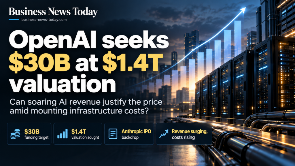 Editorial infographic showing OpenAI’s reported plan to seek $30 billion at a $1.4 trillion valuation, with an upward growth chart, data center servers, and highlights referencing Anthropic’s IPO backdrop, rising AI revenue, and mounting infrastructure costs.