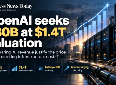 Editorial infographic showing OpenAI’s reported plan to seek $30 billion at a $1.4 trillion valuation, with an upward growth chart, data center servers, and highlights referencing Anthropic’s IPO backdrop, rising AI revenue, and mounting infrastructure costs.
