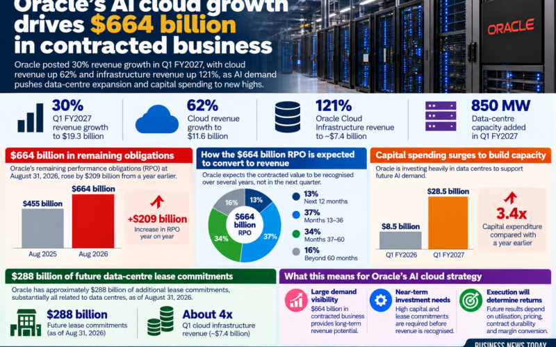 Business News Today infographic showing Oracle Corporation’s artificial-intelligence cloud expansion, including $664 billion in remaining performance obligations, 30% quarterly revenue growth, 62% cloud growth, 121% Oracle Cloud Infrastructure growth, 850 MW of new data-centre capacity and $28.5 billion of quarterly capital expenditure.