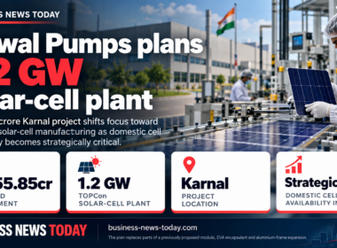 Editorial infographic about Oswal Pumps planning a 1.2 GW TOPCon solar-cell plant in Karnal, highlighting the ₹455.85 crore investment, the project location, and the strategic shift toward domestic solar-cell manufacturing.