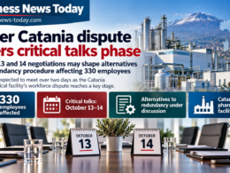 Editorial infographic showing Pfizer’s Catania facility workforce dispute, with a pharmaceutical plant, Italy and Catania location markers, negotiation date panels for October 13 and 14, and summary highlights showing 330 employees affected and discussions over alternatives to redundancy.