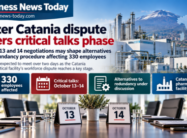 Editorial infographic showing Pfizer’s Catania facility workforce dispute, with a pharmaceutical plant, Italy and Catania location markers, negotiation date panels for October 13 and 14, and summary highlights showing 330 employees affected and discussions over alternatives to redundancy.