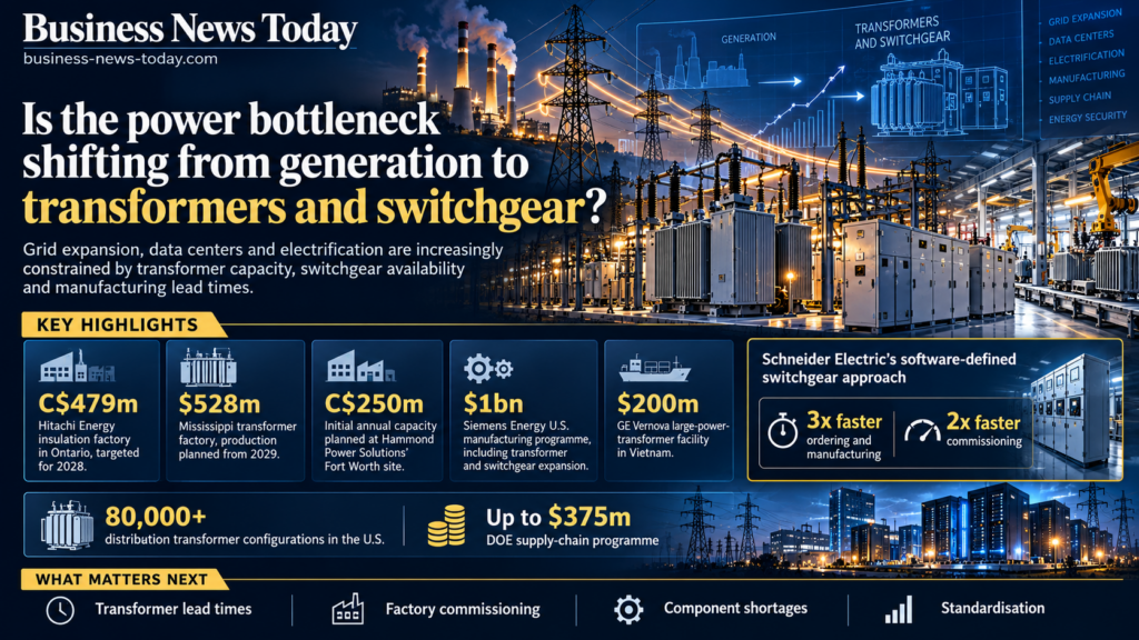 Editorial infographic showing power-grid infrastructure with transformers, switchgear, transmission lines and factory imagery, highlighting major investments, transformer configuration complexity and the role of equipment lead times in grid expansion.