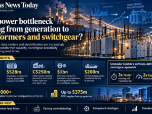 Editorial infographic showing power-grid infrastructure with transformers, switchgear, transmission lines and factory imagery, highlighting major investments, transformer configuration complexity and the role of equipment lead times in grid expansion.