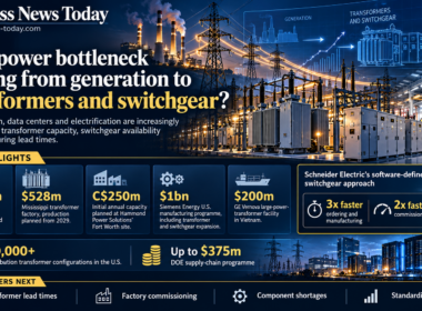 Editorial infographic showing power-grid infrastructure with transformers, switchgear, transmission lines and factory imagery, highlighting major investments, transformer configuration complexity and the role of equipment lead times in grid expansion.