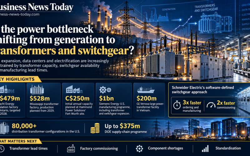 Editorial infographic showing power-grid infrastructure with transformers, switchgear, transmission lines and factory imagery, highlighting major investments, transformer configuration complexity and the role of equipment lead times in grid expansion.