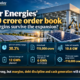 Premier Energies solar manufacturing infographic showing ₹15,000 crore order book, 30.3% EBITDA margin, 10.6 GW solar cell capacity, ₹1,642 crore net debt and planned battery storage expansion.