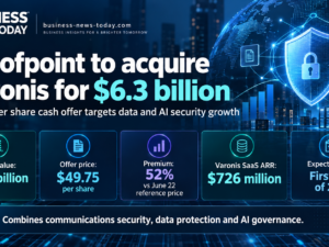 Editorial infographic showing Proofpoint’s planned acquisition of Varonis, with a cybersecurity-themed background and key deal terms including a $6.3 billion transaction value, a $49.75 per share cash offer, a 52% premium to the June 22 reference price, Varonis SaaS annual recurring revenue of $726 million, and an expected closing in the first half of 2027.