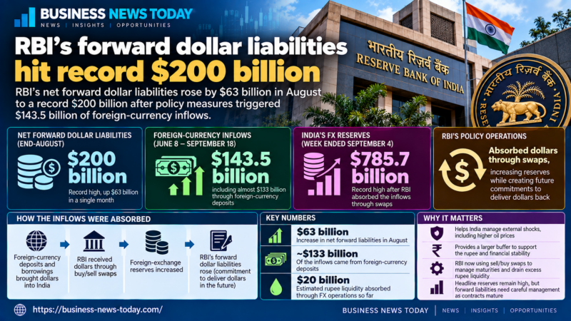 Business News Today infographic showing the Reserve Bank of India’s record $200 billion net forward dollar liabilities, $143.5 billion of foreign-currency inflows and record foreign-exchange reserves of $785.7 billion.