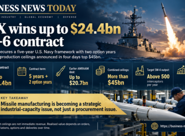 Business News Today infographic showing RTX Corporation’s Raytheon business securing a U.S. Navy SM-6 contract worth up to $24.4 billion, alongside the earlier $20.7 billion AMRAAM agreement and plans to raise annual SM-6 output above 500 interceptors.