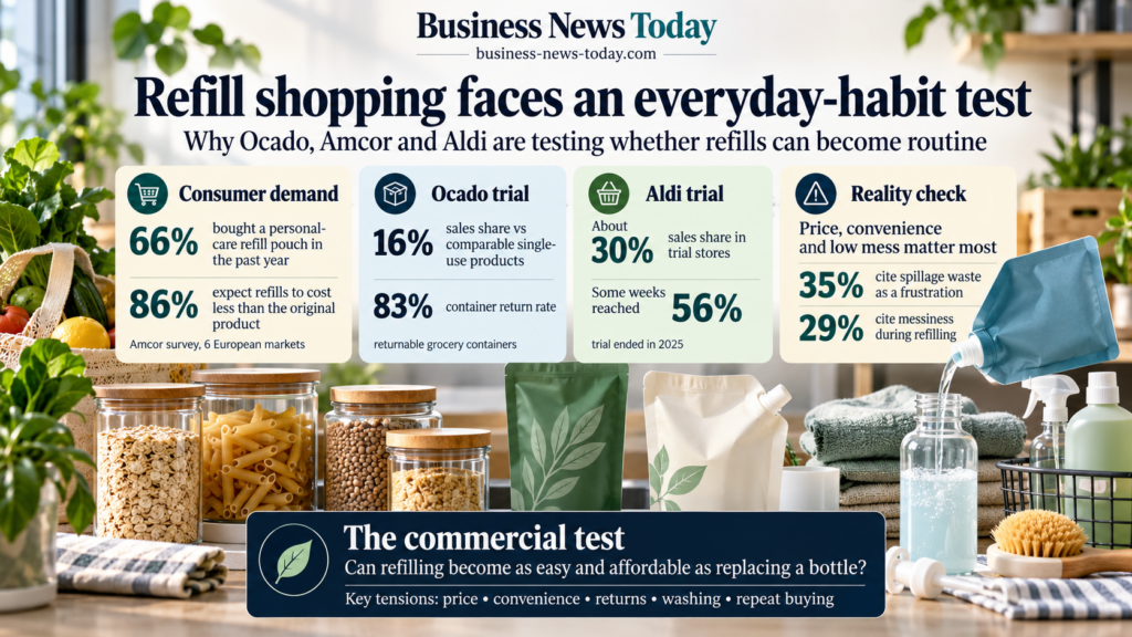 Editorial infographic showing refill shopping as a test of everyday consumer habits, with key figures on personal-care refill pouch purchases, Ocado’s reusable-container trial, Aldi’s refill-store trial and consumer frustrations around spillage and mess during refilling.