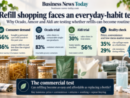 Editorial infographic showing refill shopping as a test of everyday consumer habits, with key figures on personal-care refill pouch purchases, Ocado’s reusable-container trial, Aldi’s refill-store trial and consumer frustrations around spillage and mess during refilling.