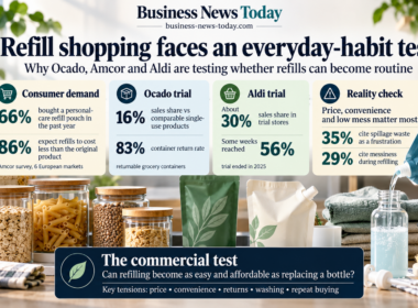 Editorial infographic showing refill shopping as a test of everyday consumer habits, with key figures on personal-care refill pouch purchases, Ocado’s reusable-container trial, Aldi’s refill-store trial and consumer frustrations around spillage and mess during refilling.