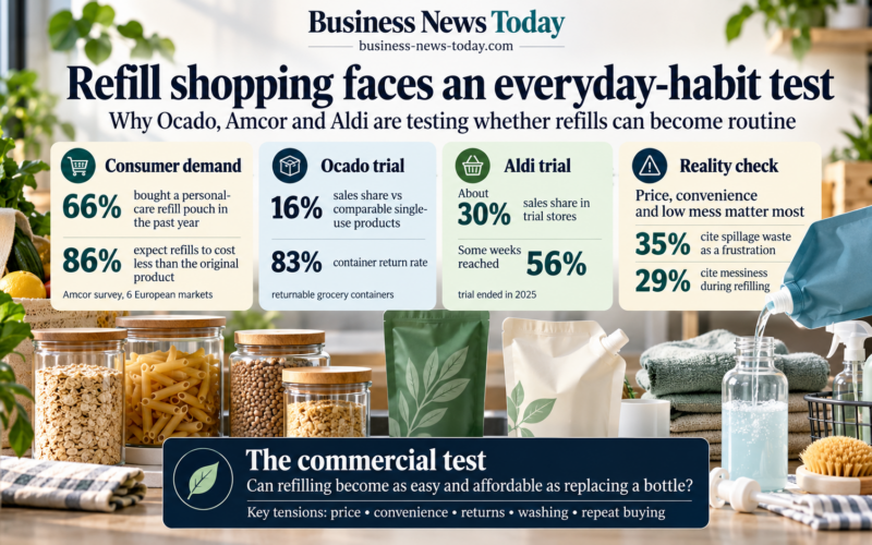 Editorial infographic showing refill shopping as a test of everyday consumer habits, with key figures on personal-care refill pouch purchases, Ocado’s reusable-container trial, Aldi’s refill-store trial and consumer frustrations around spillage and mess during refilling.
