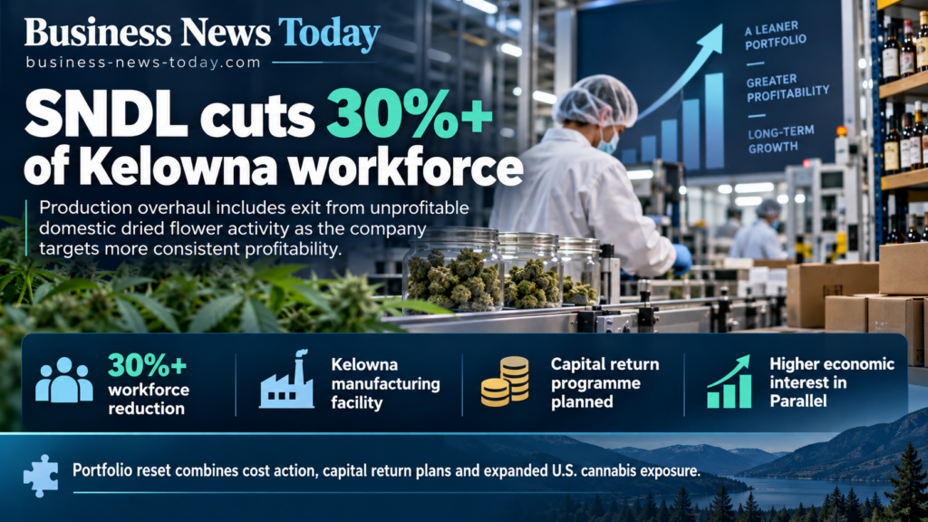 Infographic showing SNDL cutting more than 30% of the workforce at its Kelowna manufacturing facility, alongside its exit from unprofitable domestic dried flower production, planned capital return programme and increased economic interest in U.S. cannabis operator Parallel.