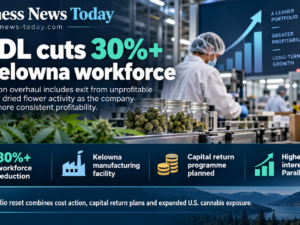 Infographic showing SNDL cutting more than 30% of the workforce at its Kelowna manufacturing facility, alongside its exit from unprofitable domestic dried flower production, planned capital return programme and increased economic interest in U.S. cannabis operator Parallel.