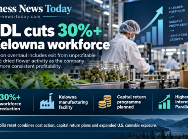Infographic showing SNDL cutting more than 30% of the workforce at its Kelowna manufacturing facility, alongside its exit from unprofitable domestic dried flower production, planned capital return programme and increased economic interest in U.S. cannabis operator Parallel.