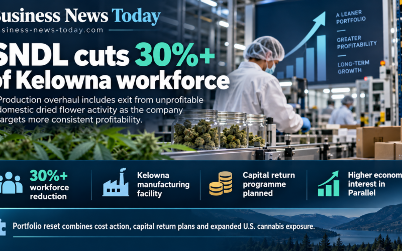 Infographic showing SNDL cutting more than 30% of the workforce at its Kelowna manufacturing facility, alongside its exit from unprofitable domestic dried flower production, planned capital return programme and increased economic interest in U.S. cannabis operator Parallel.