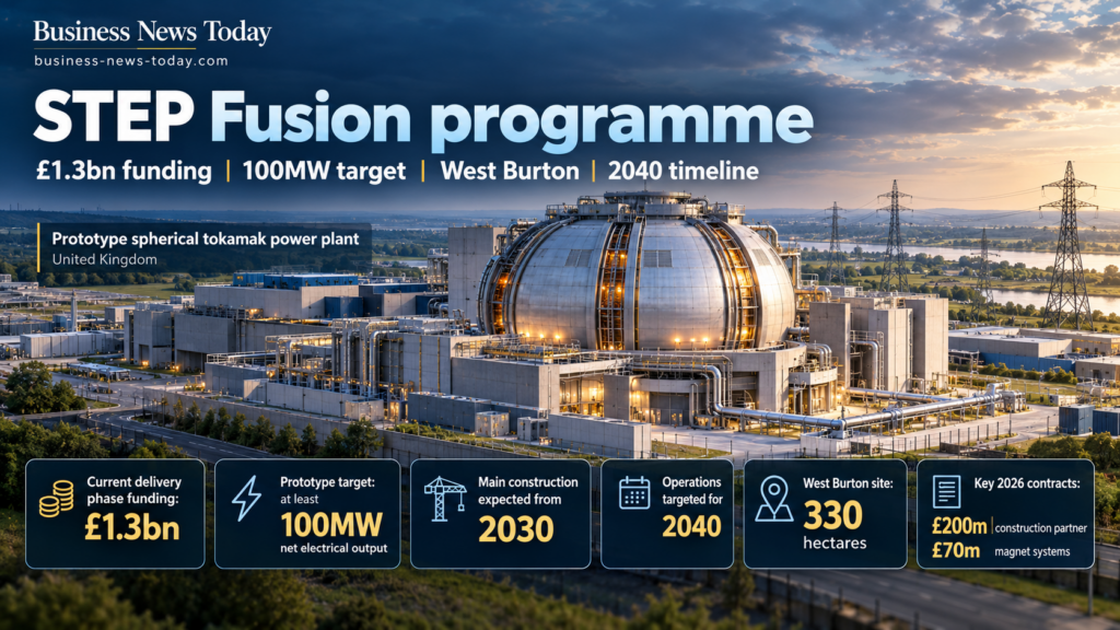 Infographic showing the UK’s STEP Fusion programme at West Burton, highlighting £1.3 billion in current funding, a 100MW net electricity target, construction from 2030, operations targeted for 2040, and the 330-hectare site.