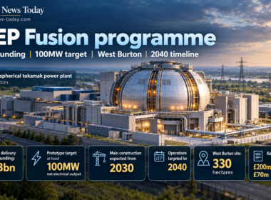 Infographic showing the UK’s STEP Fusion programme at West Burton, highlighting £1.3 billion in current funding, a 100MW net electricity target, construction from 2030, operations targeted for 2040, and the 330-hectare site.