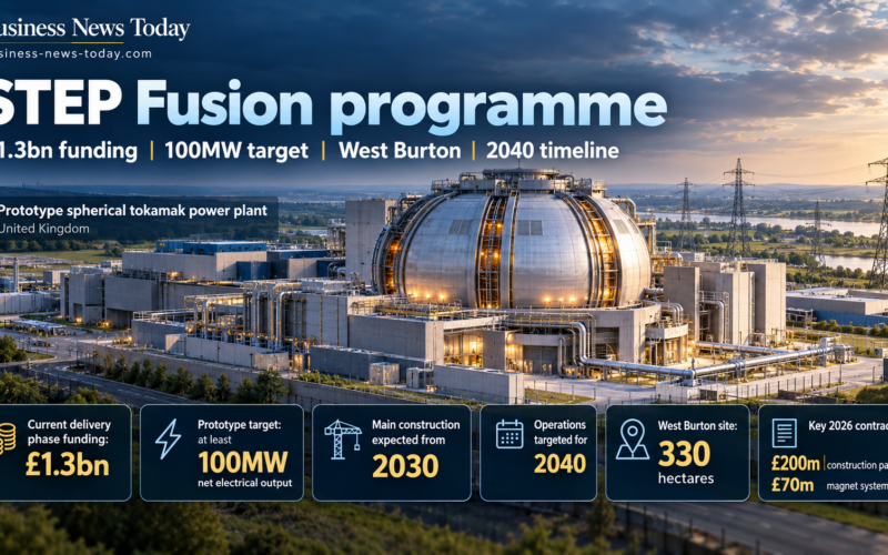 Infographic showing the UK’s STEP Fusion programme at West Burton, highlighting £1.3 billion in current funding, a 100MW net electricity target, construction from 2030, operations targeted for 2040, and the 330-hectare site.