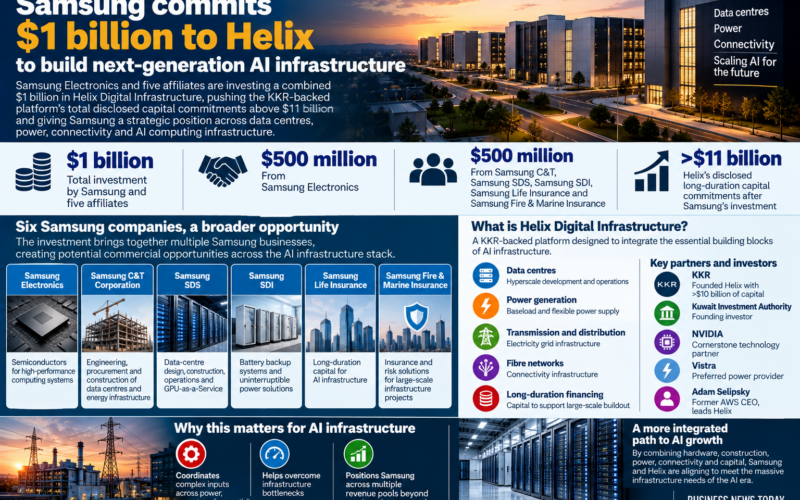 Business News Today infographic showing Samsung Electronics and five affiliates committing a combined $1 billion to Helix Digital Infrastructure, lifting disclosed long-duration capital commitments above $11 billion and expanding Samsung’s exposure across AI data centres, power, connectivity, batteries, construction and financing.