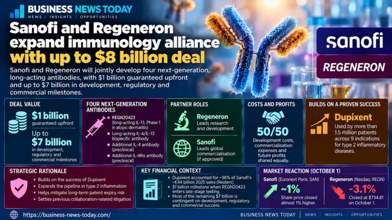 Business News Today infographic showing Sanofi and Regeneron’s expanded immunology alliance, including $1 billion guaranteed upfront, up to $7 billion in milestone payments, four next-generation long-acting antibodies and a 50:50 split of development costs and future profits.