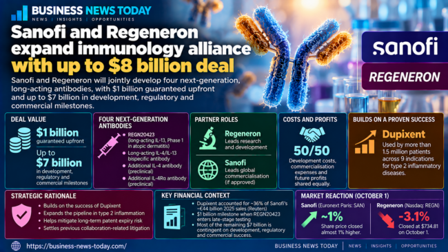 Business News Today infographic showing Sanofi and Regeneron’s expanded immunology alliance, including $1 billion guaranteed upfront, up to $7 billion in milestone payments, four next-generation long-acting antibodies and a 50:50 split of development costs and future profits.