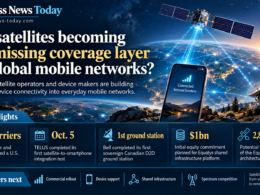 Editorial infographic showing a smartphone connected directly to a satellite, alongside a mobile tower and ground station, with highlights on carrier partnerships, ground infrastructure and shared satellite networks.
