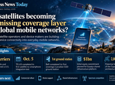 Editorial infographic showing a smartphone connected directly to a satellite, alongside a mobile tower and ground station, with highlights on carrier partnerships, ground infrastructure and shared satellite networks.