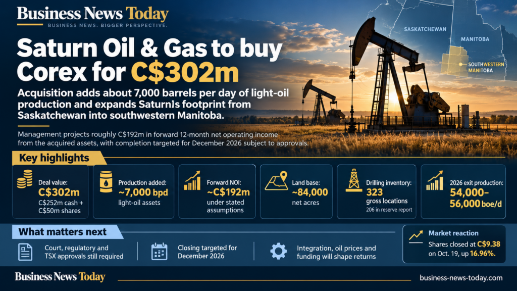 Editorial infographic on Saturn Oil & Gas Inc.’s C$302 million acquisition of Corex Resources Ltd., featuring Canadian oil pumpjacks, a Saskatchewan-Manitoba map, approximately 7,000 barrels per day of added light-oil production, C$192 million in projected forward operating income, and 323 identified drilling locations.