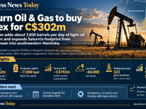 Editorial infographic on Saturn Oil & Gas Inc.’s C$302 million acquisition of Corex Resources Ltd., featuring Canadian oil pumpjacks, a Saskatchewan-Manitoba map, approximately 7,000 barrels per day of added light-oil production, C$192 million in projected forward operating income, and 323 identified drilling locations.