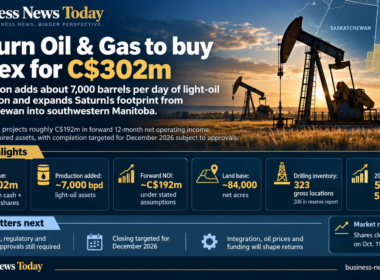 Editorial infographic on Saturn Oil & Gas Inc.’s C$302 million acquisition of Corex Resources Ltd., featuring Canadian oil pumpjacks, a Saskatchewan-Manitoba map, approximately 7,000 barrels per day of added light-oil production, C$192 million in projected forward operating income, and 323 identified drilling locations.